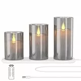 EXTSUD LED Kerzen Flackernde Flamme Kerzen mit Ladestation und Fernbedienung,3er Set Elektrische kerzen aus Glas Wiederaufladbare Flamme Wassertropfer Kerzenlicht mit Timerfunktion Grau