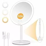 Auxmir Kosmetikspiegel LED Beleuchtet 10X Vergrößerung, Schminkspiegel mit 46 LED 3 Lichtfarben und Dimmbare Helligkeit, USB Wiederaufladbarer Makeup Spiegel 90° Schwenkbar für Schminktisch Reise