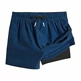 XINYUNZU Jungen Badehose 2 in 1 Shorts Badeshorts Schnelltrocknend Boardshorts Leichte Schwimmhose Kurz Bademode Strand Shorts Sommer Schwimmbekleidung für Kinder und Teenager Blau 10 Jahre