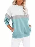 Cuptacc Sweatshirt Damen Pullover Herbst Farbblock Langarmshirt Damen Oberteile Elegant Rundhals Locker Top Blau Mittel M 38-40