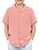 Arshiner Jungen Hemd Kurzarm Sommer Basic Shirt Regular Einfarbig Casual Oberteile Freizeit Party Kubanischem Kragen Hemden für Kinder 11-12 Jahre Pink