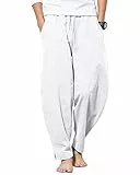 AUDATE Herren Hose Baumwolle Leinen Hosen Haremshose Yogahose Freizeit Hose Weiß M