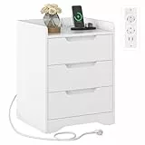 Brinlawb Nachttisch mit Ladestation (2 AC-Steckdosen, 2 USB-Anschlüsse) Nachtschrank mit 3 Schubladen, Beistelltisch, Sofatisch für Wohnzimmer Schlafzimmer Arbeitszimmer, Einfache Montage, Modern Weiß