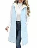 Vancavoo Weste Damen Lang mit Kapuze Herbst Winter Steppweste Ärmellose Jacke Daunenweste Gefüttert Fleeceweste Warme Longweste Kapuzenweste Freizeit Übergangsweste,Blau,XL