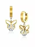 JSDDE Damen Creolen Ohrringe mit CZ Schmetterling Anhänger Huggie Creolen Ohrstecker Gold Schmuck