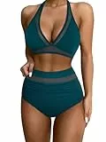 RXRXCOCO Damen Mesh Neckholder Rückenfrei Bauchweg High Waist Bikini Set Push Up Sexy V Ausschnitt Zweiteiliger Badeanzüge Bademode Saphir Blau Size XL