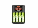 PeakPower Premium Schnellladegerät AA AAA, NiMH Batterie Ladegerät mit Einzelschacht-Ladung und LC-Display, Akku Ladegerät mit 4 Akkus AA Batterien wiederaufladbar