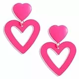 Rosa Herz Ohrringe hängend für Frauen – Doppel Herz Statement Ohrringe Hot Pink Dangling 80er Stil Accessoires Valentinstag Party