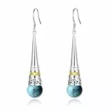 MetJakt Damen Ohrringe 925 Sterling Silber Hängend mit Perlen Vintage Antik Stil Tropfen Perlmutt Naturstein Perlen Lang Earrings für Frauen (Türkis)