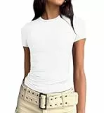 Cuptacc T Shirt Damen Rundhalsausschnitt Eng Kurzarm Sport Tshirt Damen Sommer Top Causal Basic Weiss Klein S 34-36