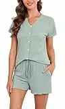 Vlazom Damen Schlafanzug Kurzarm Pyjama Set mit Knöpfe V-Ausschnitt Sleepwear Sommer Nachtwäsche(S,Stil B-Hellgrün)