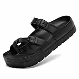 Waysoland Sandalen Damen Sommer,Orthopädische Sandalen Damen Bequeme Folien Dicke Sohlen flache Sandalen mit einstellbarer Schnalle und Ultra Kissen(Schwarz,41 EU)