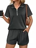 Terecey Damen Trainingsanzug Jogginganzug Kurzarm V-Ausschnitt mit Halbrei ßverschluss, Tracksuit Sportanzug Zweiteiler Freizeitanzug Hausanzug Sommer Sporthose mit Taschen S-XL