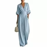 ZRYAZQ Jumpsuit Damen Sommer Elegant Mit Ärmel Overall Festlich Lang Tailliert Hosenanzug Hochzeitsgast Weites Bein Jumpsuits V Ausschnitt Buisness Romper Frauen Halbarm mit Tasche Sommer Playsuit