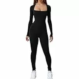 Jetjoy Damen Sport Jumpsuit Lang Yoga Armellos Workout Bodysuit Einteiler Ganzkörperanzug Jumpsuit eng Eckigem Ausschnitt Gerippte Jumpsuits Sportanzug Einteiliger
