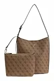 GUESS Schultertasche Utensilientasche Meridian II Bucket Bag Latte Logo hellbraun