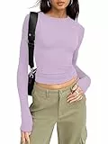 OOHOKAY Damen Langarmshirt Basic Oberteile Y2K Slim Fit Tshirt Elegant Stretch Unterziehshirt Pullover Langärm Crop Tops Streetwear(Hellviolett-L1,L)