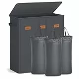 SONGMICS Wäschekorb mit 3 Fächern, 160 L, mit Deckel, 5 Etiketten, herausnehmbarer und waschbarer Innensack, Waschküche Schlafzimmer, dunkelgrau RLH013G01