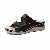 Yeeteepot Sandalen Damen Keilabsatz Sandaletten Plateau Hausschuhe Klettverschluss Keilsandalen Elegante Pantoletten Strandsandalen Schwarz 37 EU