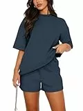 REORIA Damen Tracksuit Kurzarm Rundhalsausschnitt Einfarbig Zweiteiler Hausanzug Loungewear Outfit Jogger Trainingsanzug Set Marineblau S