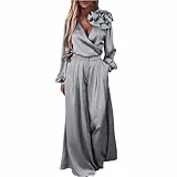 Hosenanzug Damen Festlich Hochzeit Große Größen - Zweiteiler Damen Elegant Satin Langarm Oberteil Und Weites Bein Hose Mit Taschen Freizeitanzug V-Ausschnitt Smoking Anzug Leicht Overall-Sets