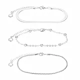 Huiguli 3 Stück Armband Damen 925 Sterling Silber, Stapelbare Kettenarmband, Verstellbare Armkette Set, Mode Silver Armbänder Set für Damen Mädchen