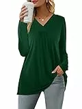 Florboom Shirt Damen Langarm Tshirts Locker Einfarbige Bluse Falten Longshirt Dunkelgrün XXL