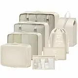 MOFELON Koffer Organizer - 8 Stück, Packing Cubes, Packwürfel für Rucksack, Travel Organizer Packtaschen Set mit Kleidertaschen Schuhbeutel Wäschebeute Kosmetiktasche, Reise Gadgets-beige