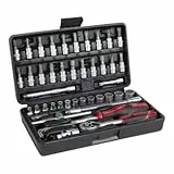 STIER Steckschlüssel-Satz, 48-teilig, 1/4 Zoll, Umschaltknarre, Vierkant-Steckschlüsseleinsatz, Torx- Schlitz- Phillips- Pozidrive- Bit-Steckschlüsseleinsätze, Kunststoffbox