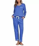 COLORFULLEAF Schlafanzug Damen 100% Baumwolle Lang Pyjama Set Zweiteiler Herbst Winter Schlafanzüge Langarm Hausanzug(blau,S)