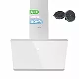 COMFEE' CH60J64ET4A2W A++ Dunstabzugshaube 60 cm, Kopffreihaube 60cm Umluft und Abluft, 380m³/h Luftstrom, Edelstahl/Glas Design mit Touchscreen, LED, Abzugshaube inkl. Kohlefilter, Weiß
