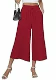 BEIGAI Damen Hose 7/8 Weite Lose Hosen Sommer Outdoor Baggy Lockere Elegante Hose mit Taschen,Weinrot,S