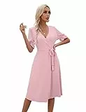 KOJOOIN Sommerkleid Damen V-Ausschnitt Kurzarm Kleider Casual Midikleid A-Linie Wickelkleid Hochzeit Festlich mit Gürtel Rosa XL （Verpackung MEHRWEG）