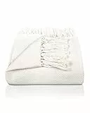 Gräfenstayn Premium Tagesdecke mit Fransen - 100% Baumwolle - 220 x 240 cm XXL - Fischgrätenmuster Sommerdecke - Baumwolldecke als Bett-Überwurf, Couch-Überwurf, Sofa-Decke (Creme)