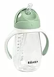 BÉABA - Trinklernbecher - 2 in 1 Babyflasche - Kindertasse mit Strohhalm - 100% dicht - Leicht zu öffnen - Abnehmbare Griffe -Tritan und Silikon - 300 ml - Salbeigrün