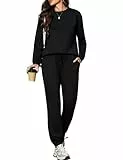 Aottori Trainingsanzug Damen Zweiteiler Jogginganzug Langarm Tracksuit Sportanzug Rundhals Sweatshirt und Jogginghose mit Kordelzug Elastischem Bund für Alltag Sport Schwarz M