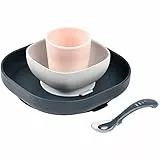 BÉABA, Baby-Essensset aus Silikongeschirr, Mit Saugnapf, Rutschfest, 4 Teile, Teller + Schüssel + Glas + Löffel, Gesundes und nachhaltiges Silikon, Spülmaschinenfest, Mikrowellengeeignet, Night Blue