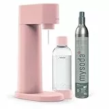 Mysoda: Woody Set - Wassersprudler aus erneuerbarem Holzkomposit Material mit 1L Quick-Lock BPA-frei Plastikflasche und CO2-Zylinder - Pink
