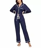 COLORFULLEAF Schlafanzug Damen 100% Baumwolle mit Knopfleiste Langarm Pyjamas Set Zweiteiliger Nachtwäsche Hausanzug(Navy Blau,L)