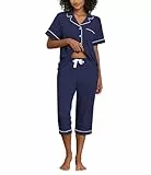 COLORFULLEAF Schlafanzug Damen Pyjama Sommer Kurzärmeliges Hausanzug Zweiteiliger V-Ausschnitt Sleepwear Pyjama Set Kurzarm Top und 3/4 Hose Nachtwäsche（Marineblau, M）