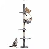 PawHut Kratzbaum Deckenhoch höhenverstellbar, Stabiler Katzenbaum mit Sisalsäulen, Katzen Kletterbaum, Grau, 40 x 34 x 230-260 cm