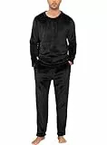 Lovasy Fleece Schlafanzug Herren Lang Winter Warm Pyjama Set Zweiteiliger Herrenschlafanzug Langarm Frottee Schlafanzüge für Herren,Schwarz,XL