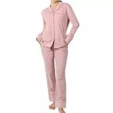 OCCIENTEC Damen Schlafanzug Lang mit Knopfleiste Bequeme Baumwolle Zweiteiliger Pyjama Damen Set Einfarbige Langarm Winter Weich Hausanzug Pjs Set für Frauen Rosa,M