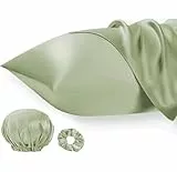 Seiwohl Satin Kissenbezug 40 x 80 2er Set, Weich wie Seidenkissenbezug Silk Pillowcase, Vegane Seide Kopfkissenbezug Kissenhülle Haarschutz für die Nacht mit Haargummi und Haarhaube, Salbeigrün