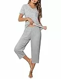 Crewhpo Nachtwäsche Damen Kurzarm Gestreifter Pyjama Baumwolle Zweiteiliger Schlafanzug Set Sommer V-Ausschnitt Oberteil und Schlafanzughose Sleepwear Nachtwäsche mit Tasche
