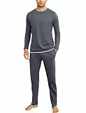 Aseniza Herren Schlafanzug Lang Pyjama Baumwolle Winter Zweiteilige Pyjamas mit Langarmshirt und Schlafanzughose für Männer,Grau,XL