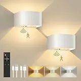 FULEN 2 Stück Akku wandleuchte mit Bewegungsmelder, LED Wandleuchte Innen, 3 Farben, 3 Modi, Up and Down Kabellose Akku Wandleuchte mit Fernbedienung für Schlafzimmer Wohnzimmer Treppe (Weiß)