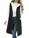 Vancavoo Weste Damen Lang mit Kapuze Herbst Winter Steppweste Ärmellose Jacke Daunenweste Gefüttert Fleeceweste Warme Longweste Kapuzenweste Freizeit Übergangsweste,Schwarz,L