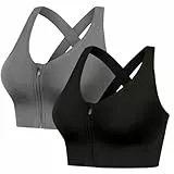 Sport BH Damen Reißverschluss Vorne, 2 Pack Starker Halt Sport-BHS ohne Bügel Gepolstert Push Up Bustier Gekreuzt Rücken Laufen Yoga Fitness Bra (Schwarz Grau, L)