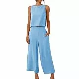 Awrvia Zweiteiler Sommer Damen 2025 Elegant Hosenanzug Ärmello Kurzarm Top und Hosen Outfit Set Modische Einfarbig Freizeitanzug Baumwolle Loungewear mit Taschen Weite Bein Hosenanzüge
